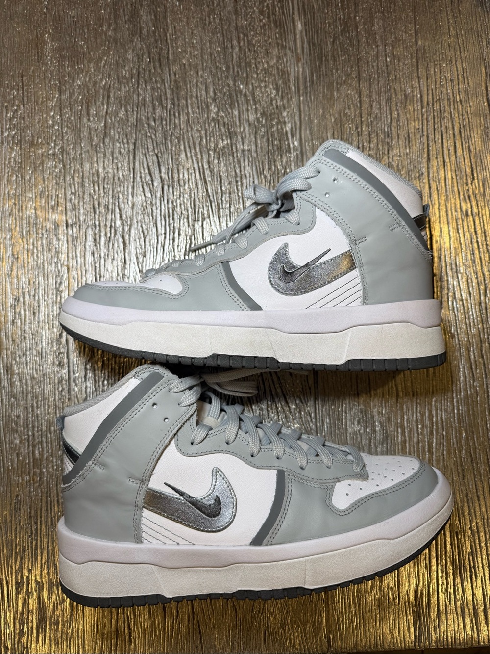 Nike Women’s 8.5 High-Top Sneakers in Light Gray, White and Silver